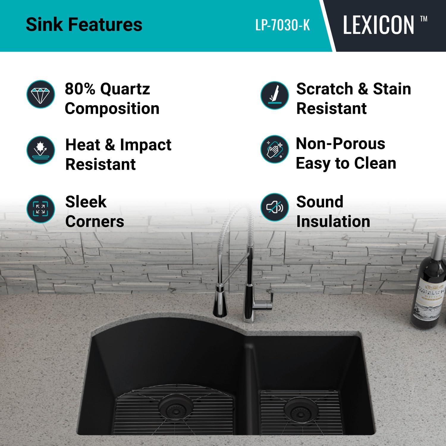 32" x 20" Quartz Kitchen Sink, 70/30 Double Bowl Sink, Drop-in Sink, Undermount Sink, Granite Kitchen Sink, with 2 Steel Grids and Basket Strainer, Disposal Flange
