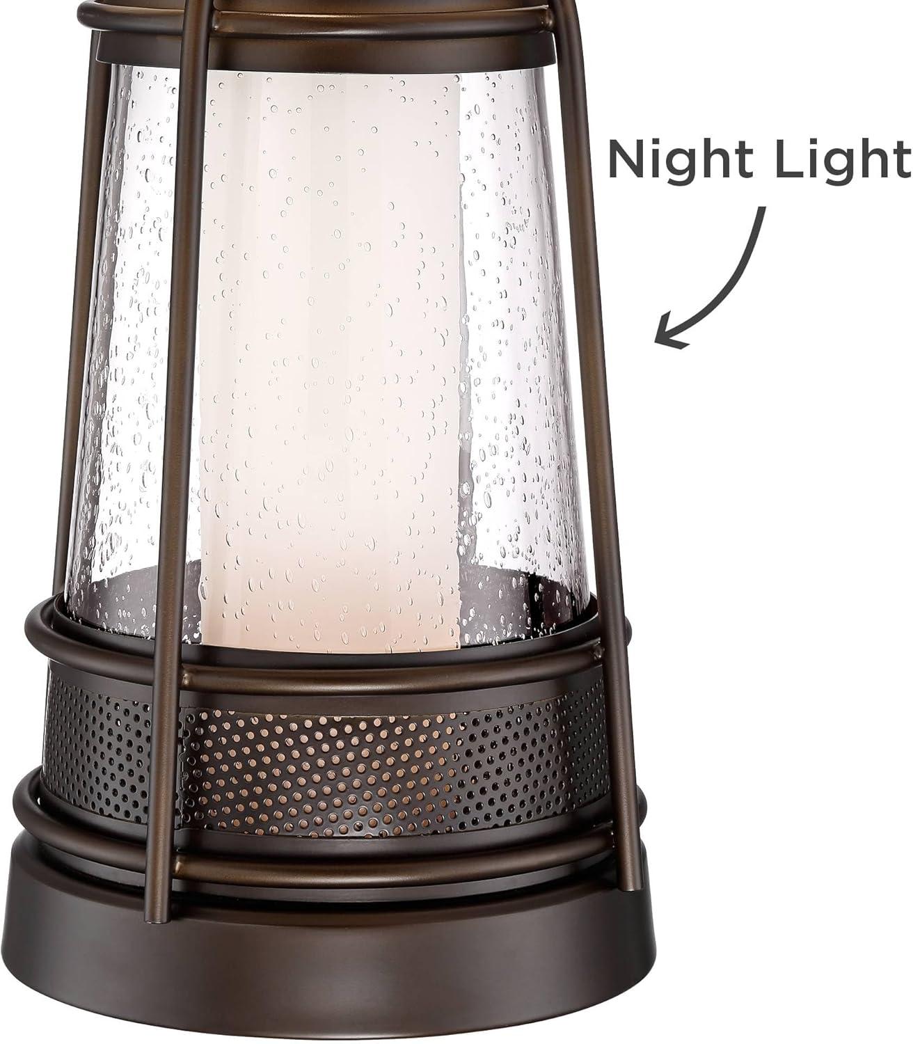 Franklin Iron Works Hugh Industrial Rustic Table Lamp 26" High Bronze Metal Seeded Glass with LED Nightlight Off White Shade for Bedroom Living Room