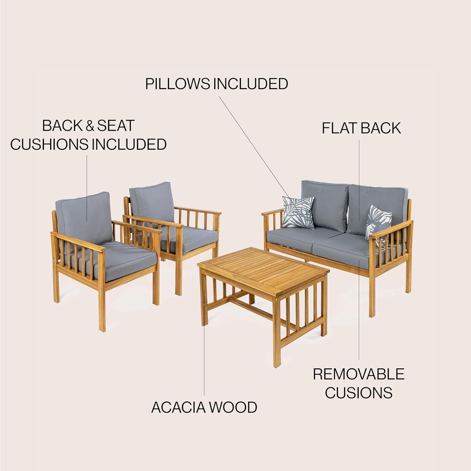 Everly 4-Piece Modern Cottage Acacia Wood Outdoor Patio Set with Cushions and Tropical Decorative Pillows, Gray/Teak Brown - JONATHAN Y