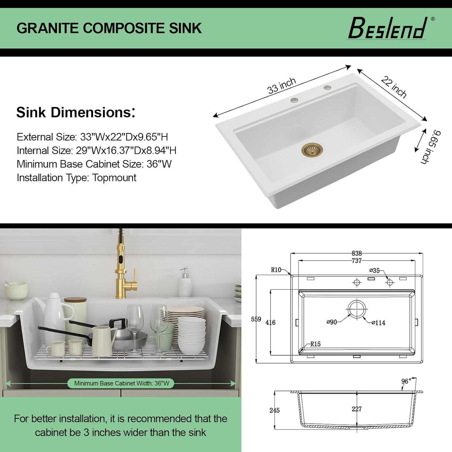 33x22 Inch White Quartz Composite Workstastion Kitchen Sink Drop-in Top-Mount Single Bowl Sink with 2 Faucet Holes