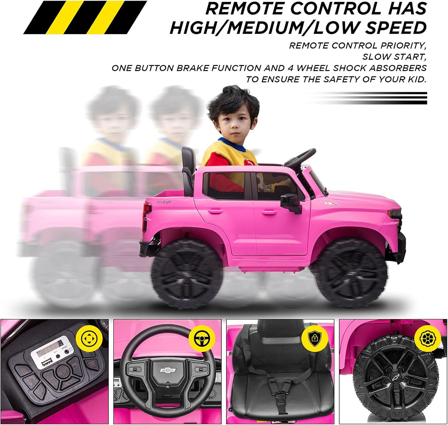 Kids Ride on Vehicle with Remote Control for 3-8 Years Toys,12V Licensed Chevrolet Silverado GMC Powered Wheels Electric Car, MP3 Music,FM Radio, Spring Suspension, LED Light,Pink