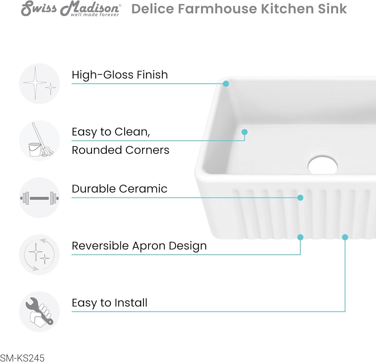 Delice 24 x 18 Ceramic, Farmhouse Kitchen Sink with Apron