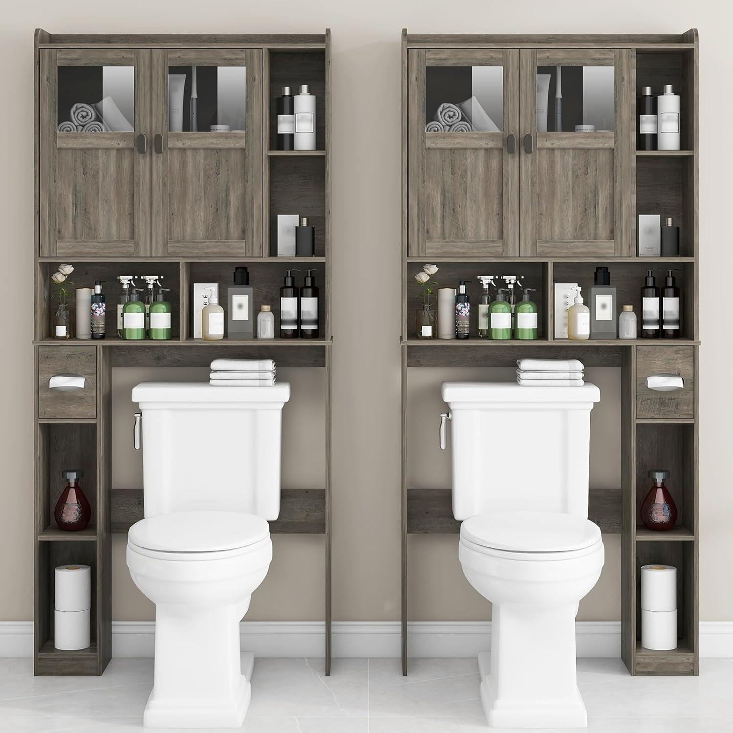 Bathroom Shelf Over Toilet with Glass Doors and Adjustable Shelves