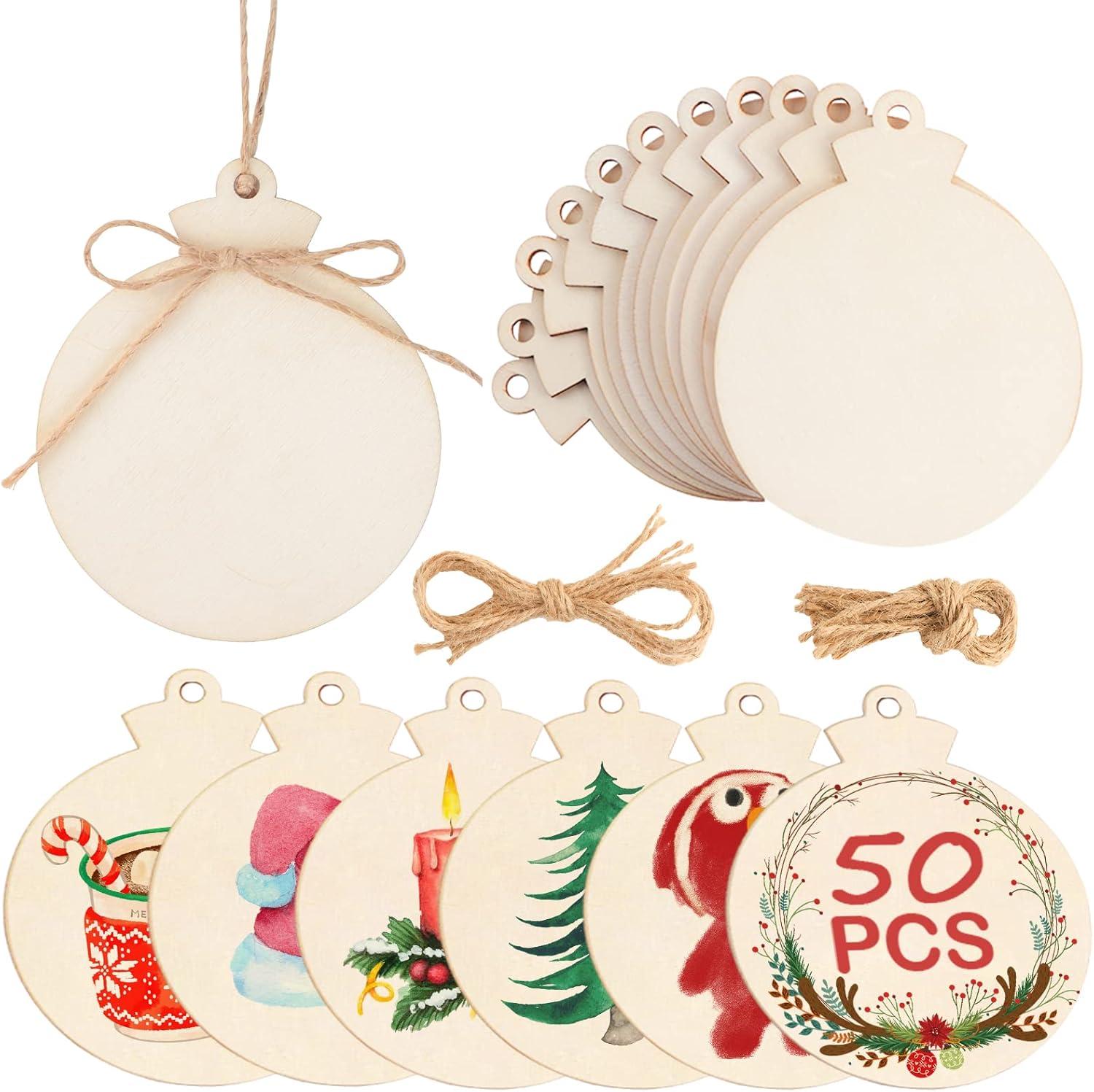 50-Piece Natural Wood Round Christmas Ornaments with Jute Twine