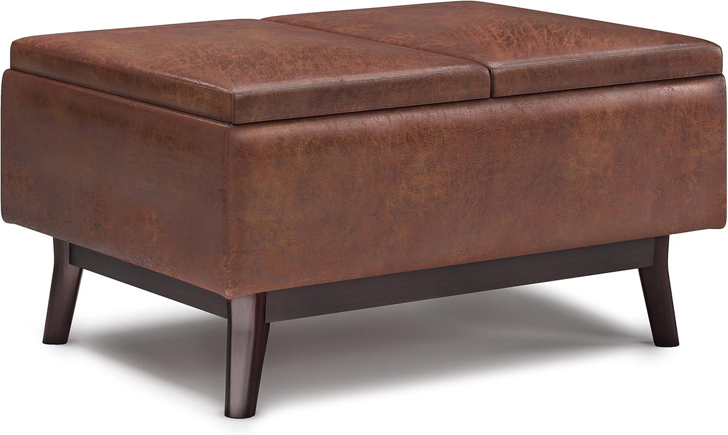 Owen Distressed Saddle Brown Faux Leather Storage Ottoman with Tray