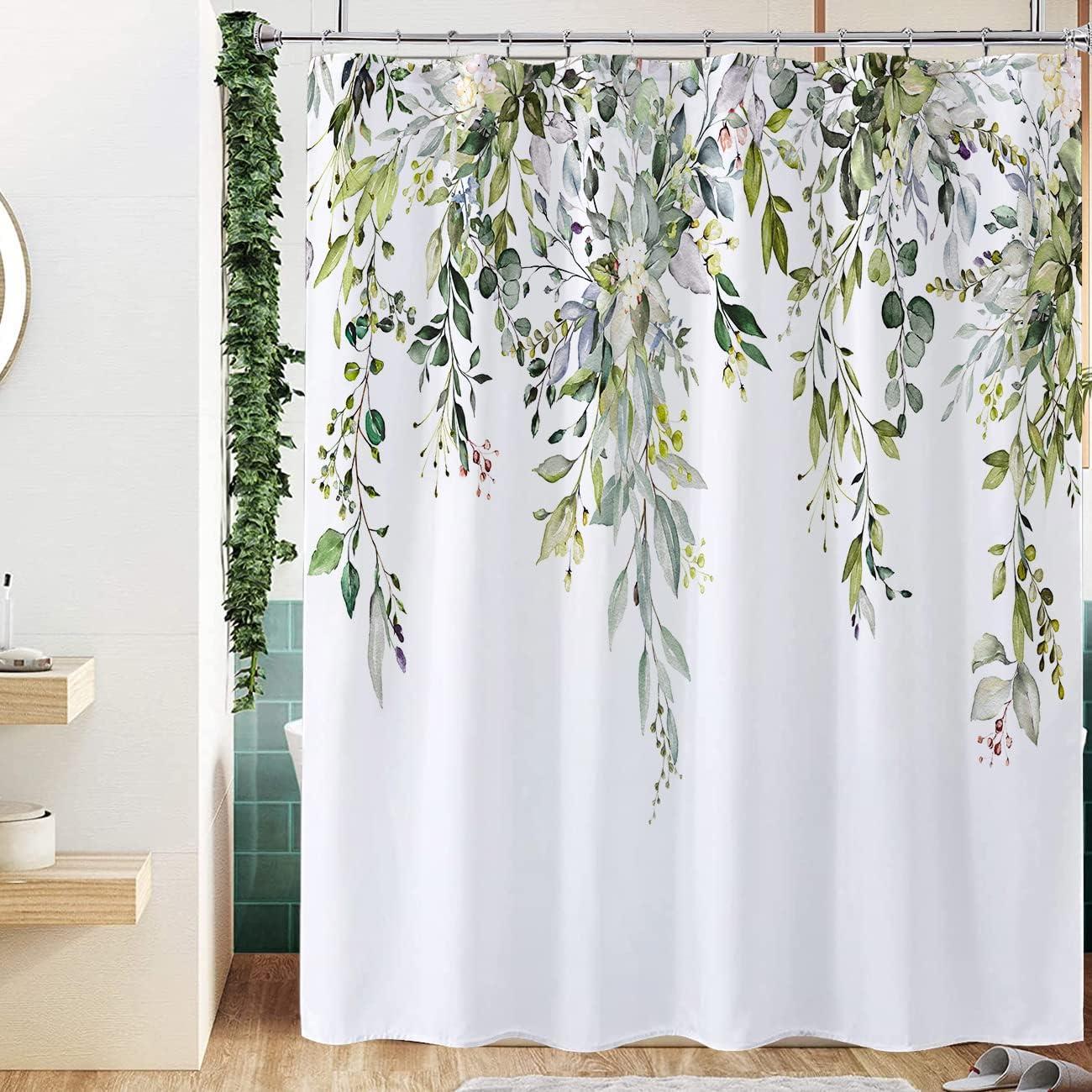 Eucalyptus Watercolor Leaves Semi-Sheer Waterproof Shower Curtain