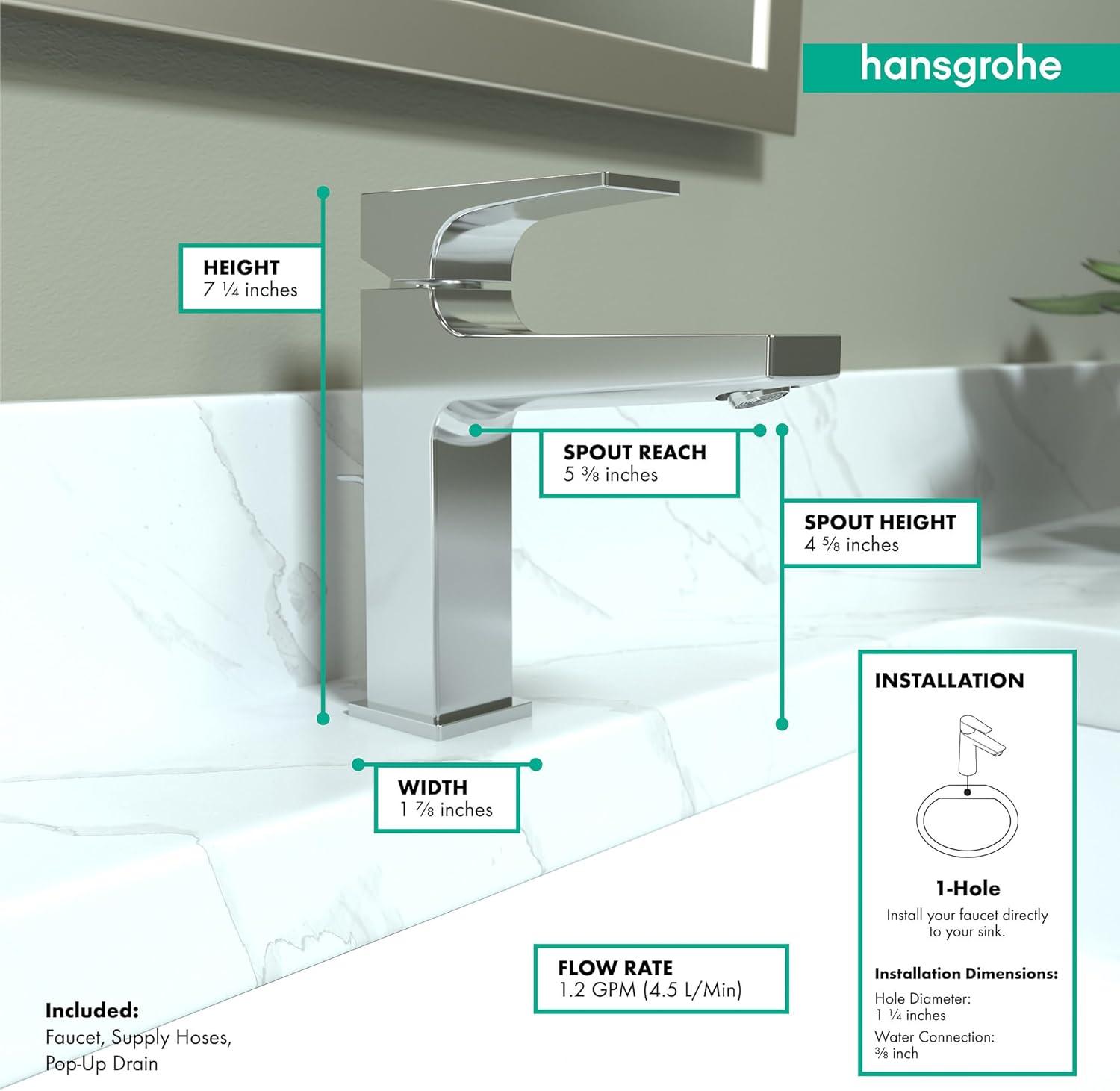 Hansgrohe Metropol Single-Hole Faucet 110 with Lever Handle and Drain Assembly, 1.2 GPM