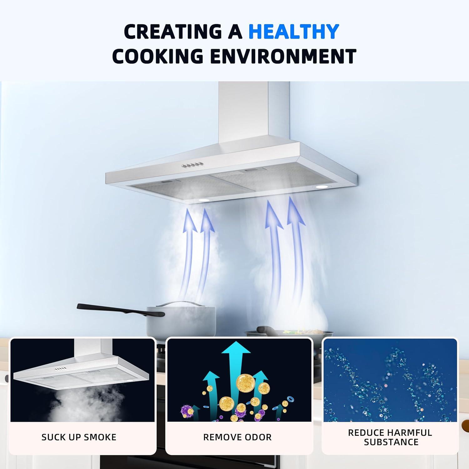 FIREGAS Range Hood 30 inch Wall Mount Type with Ducted/Ductless Convertible, 450 CFM Stainless Steel Chimney-Style Kitchen Hood, Over Stove Vent Hood with 3 Speed Fan, LED Light, Charcoal Filters