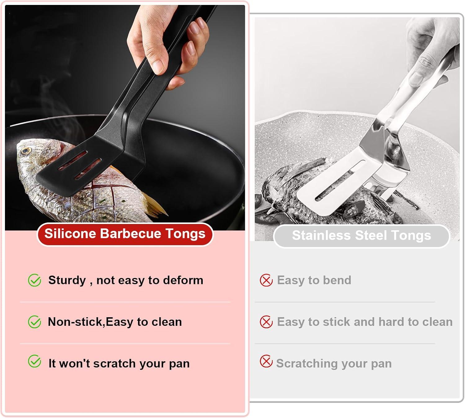 Silicone Kitchen Cooking Tongs, Premium Stainless Steel Silicone Barbecue Clamp, Multipurpose BBQ Clamp Spatula for Gripper Bread Clip, Fried Steak Clamp, Flipping Fish, Toast Salad Tongs（11 Inch）