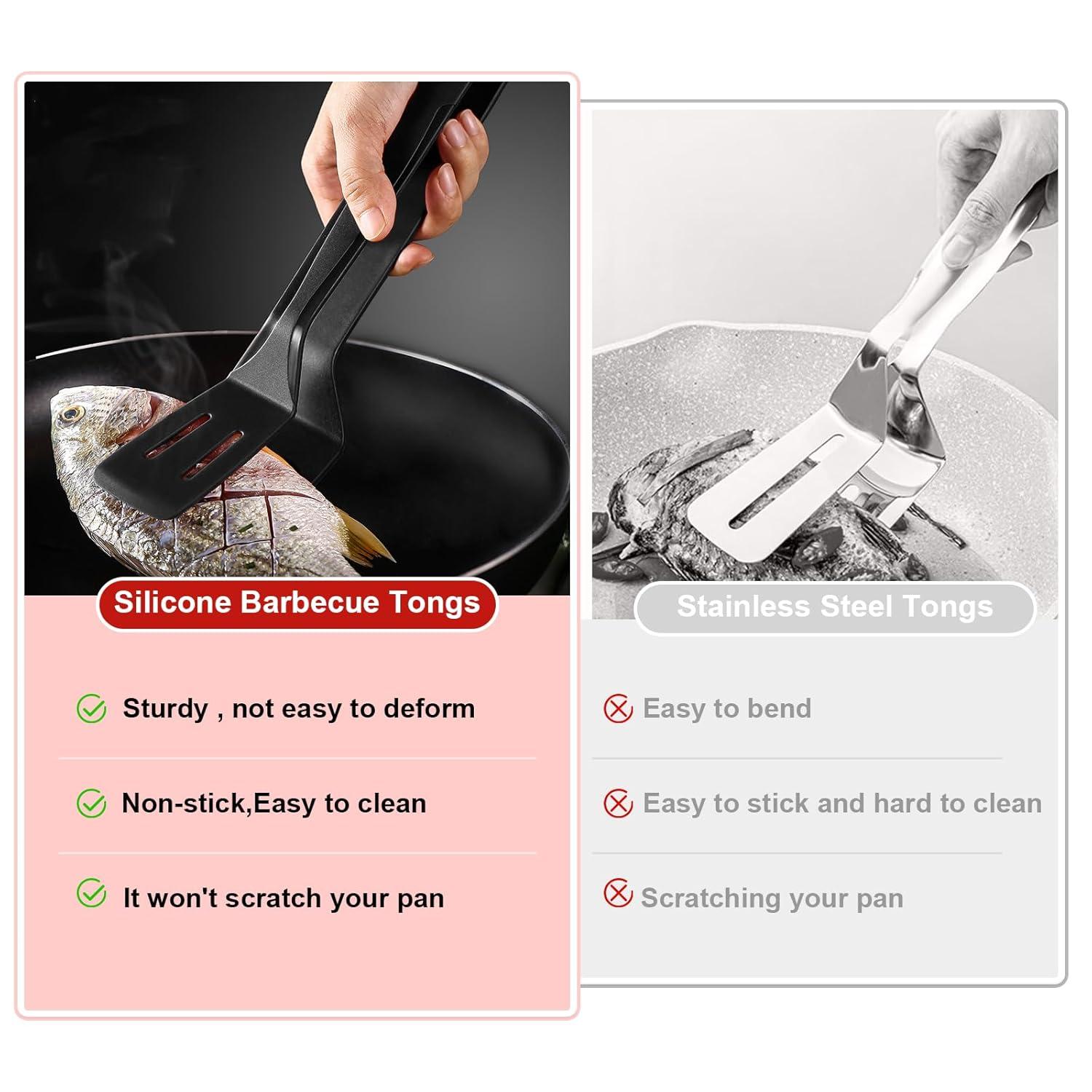 Silicone Kitchen Cooking Tongs, Premium Stainless Steel Silicone Barbecue Clamp, Multipurpose BBQ Clamp Spatula for Gripper Bread Clip, Fried Steak Clamp, Flipping Fish, Toast Salad Tongs（11 Inch）