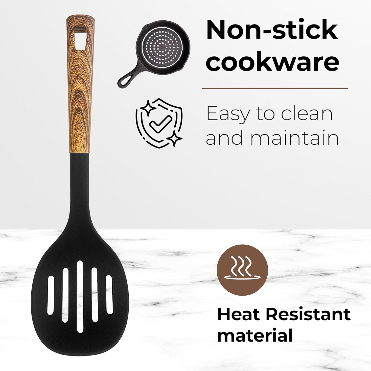 JS Gourmet 6 Pcs Kitchen Utensils Set, Heat Resistant Nylon Cooking Spoons Set for Nonstick Cookware with Wooden Coated Handles