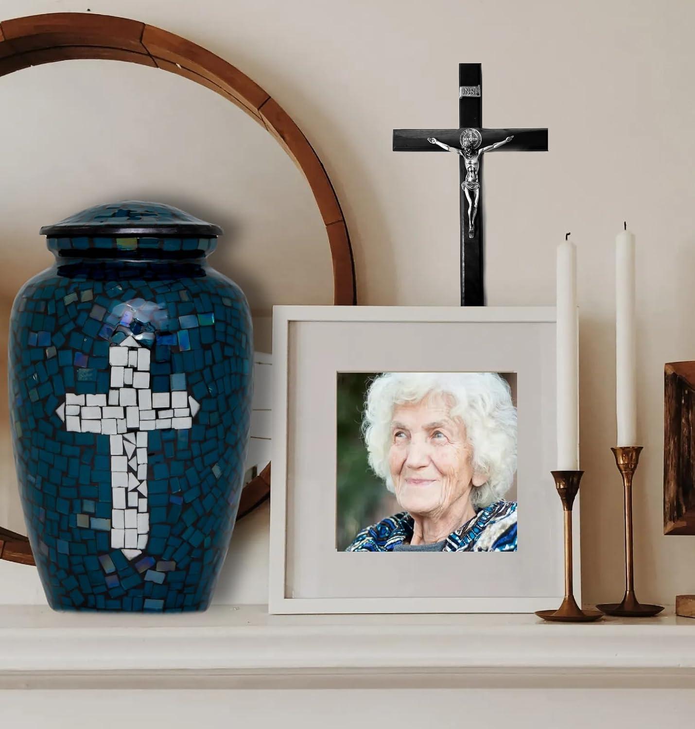 Mosaic Glass Cremation Urn - Hand Made Funeral Urn for Human Ashes - Large Adult Size Burial Urn - Hand Applied Individual Tiles Create a one of a Kind Work of Art - 200 cu in (Deep Blue Cross)