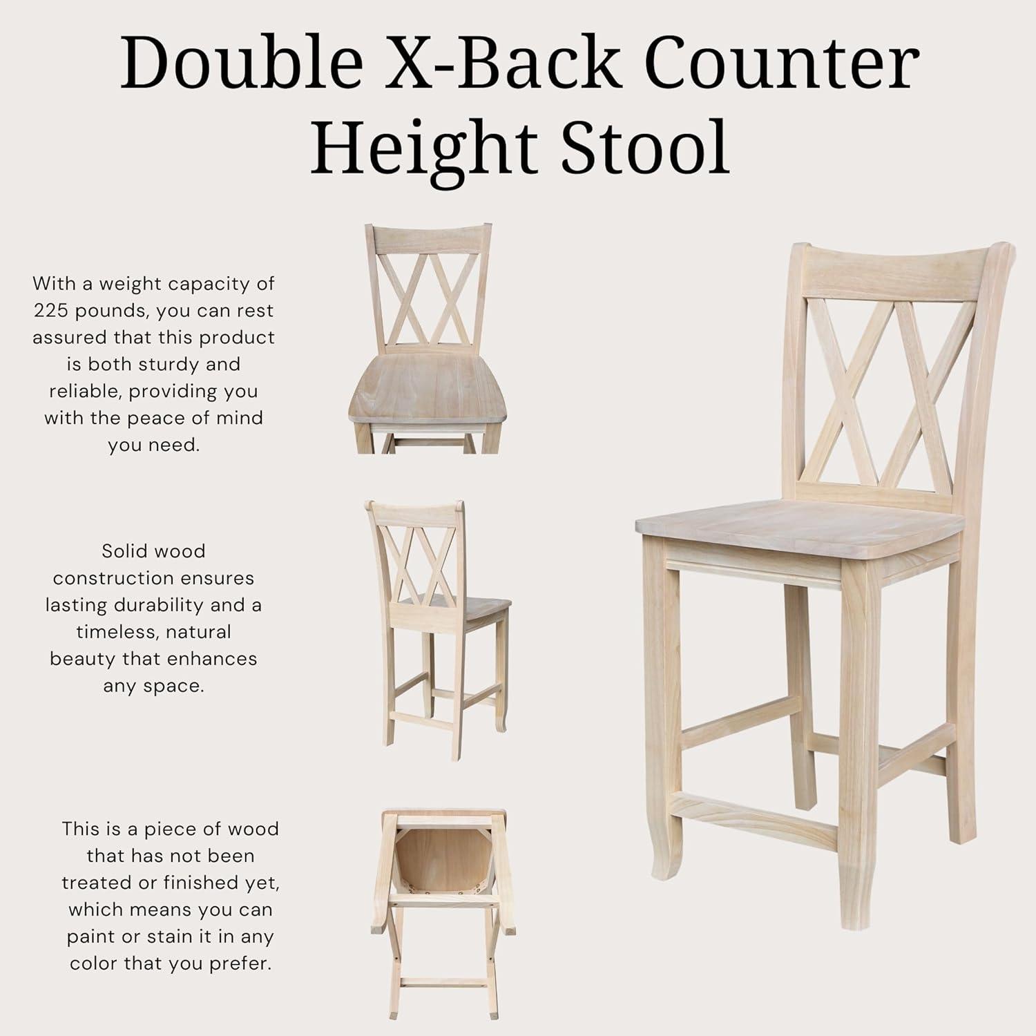 24" Double X Back Counter Height Barstool Unfinished - International Concepts: Solid Wood, Kitchen Island Seating