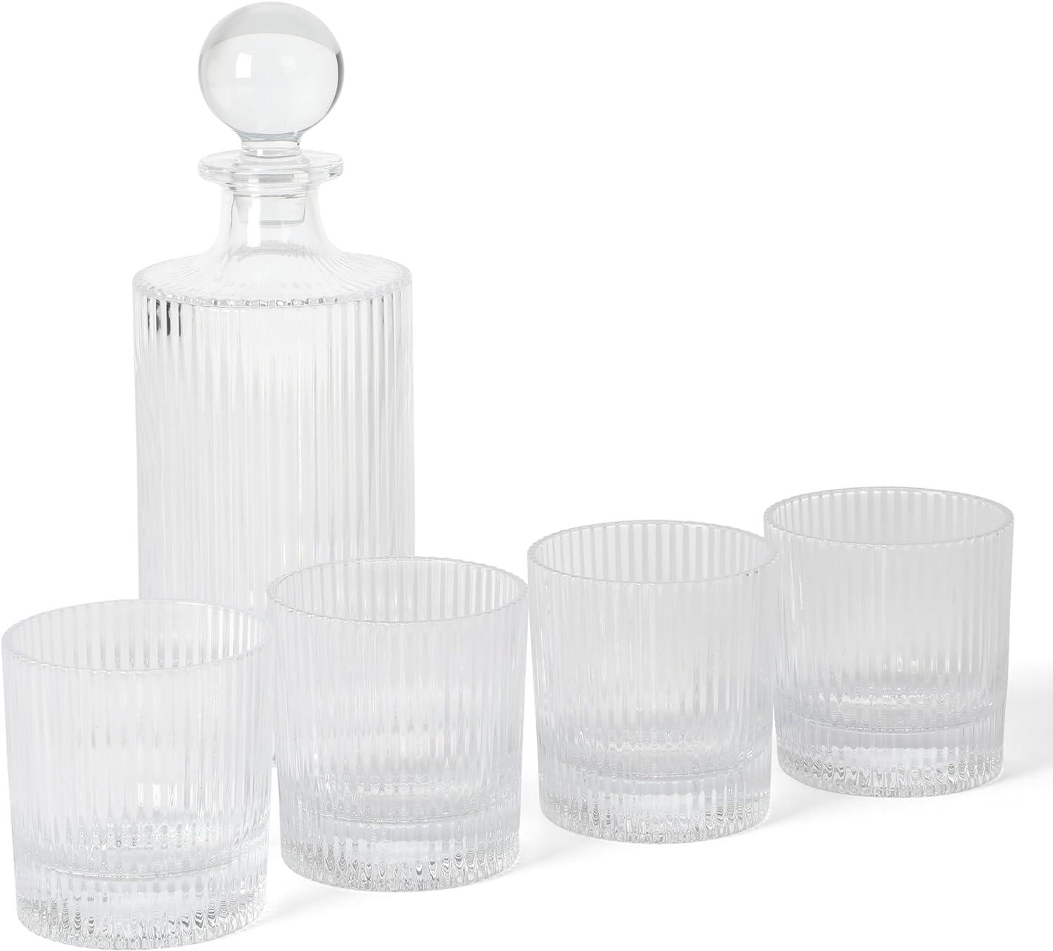 Clear Ribbed Glass Decanter and 4 Lowball Glass Set