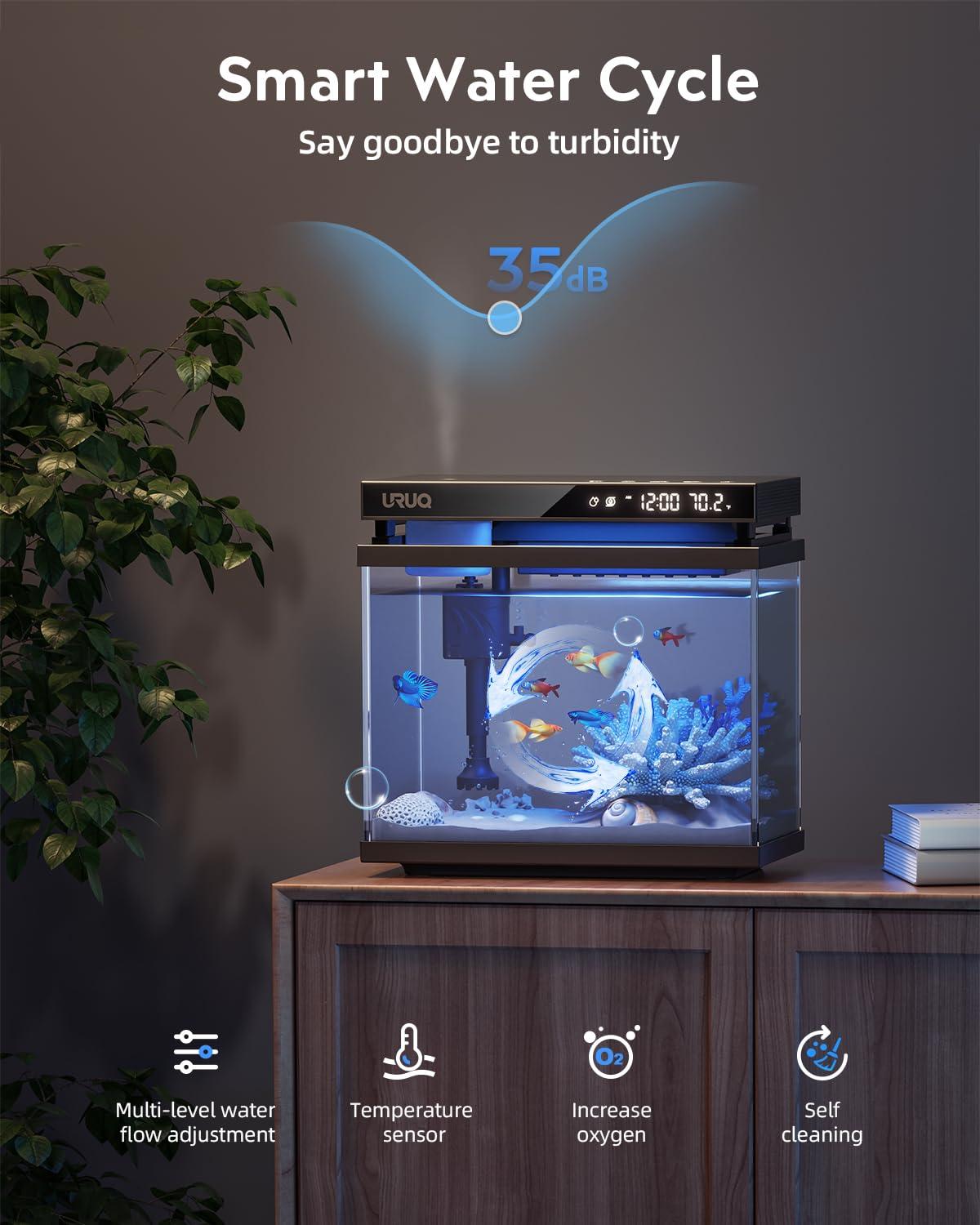 Latitude Run® Fish Tank Smart Aquarium Kit: 2 Gallon UHD Glass Silent Water Pump Self Cleaning Multi Layer Filtration System - Temperature Sensing 7-Color Lighting For Small Fish Betta Kids Room Desktop Decor