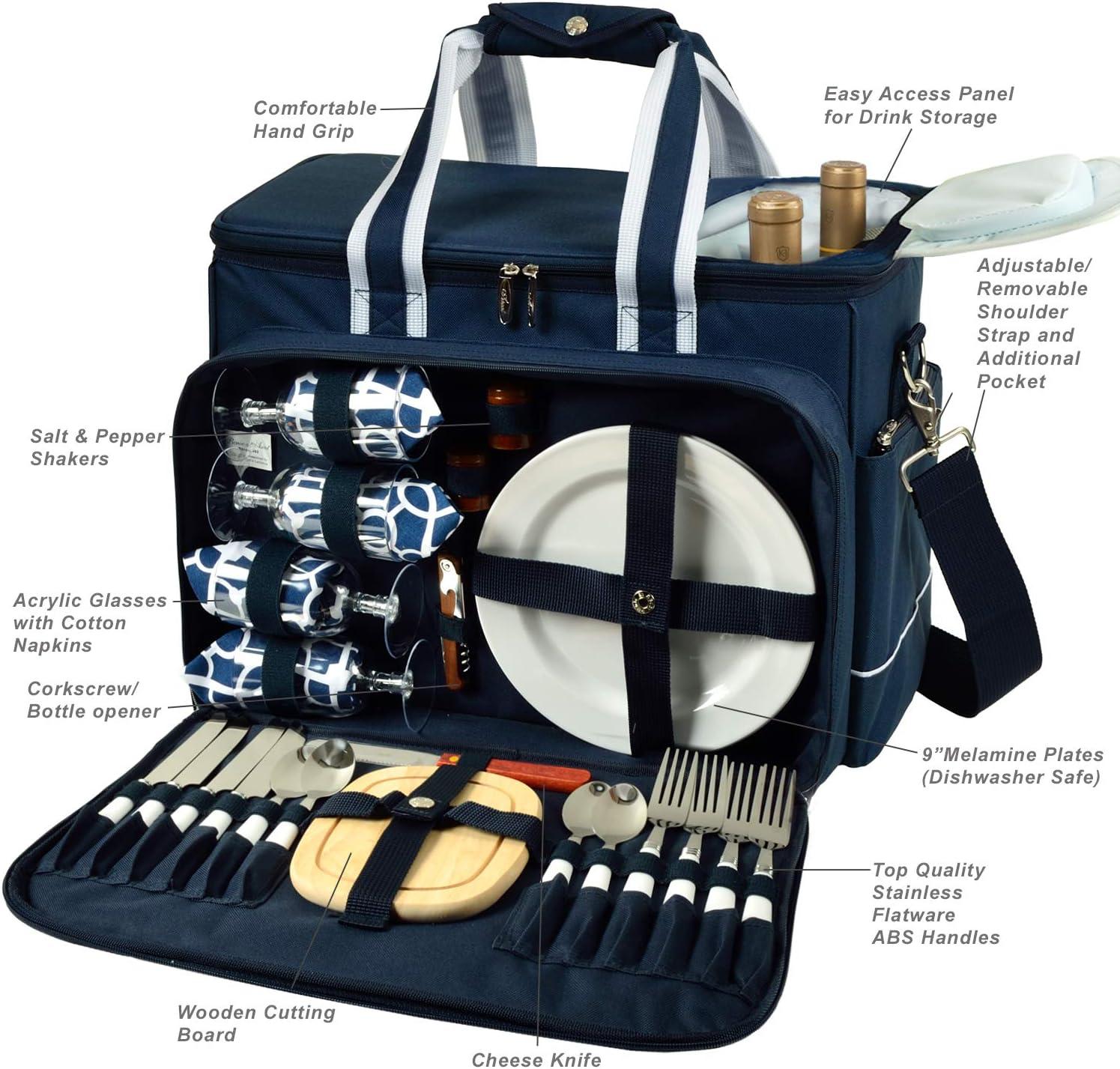 Navy Blue Insulated Picnic Cooler Bag with Wooden Accessories