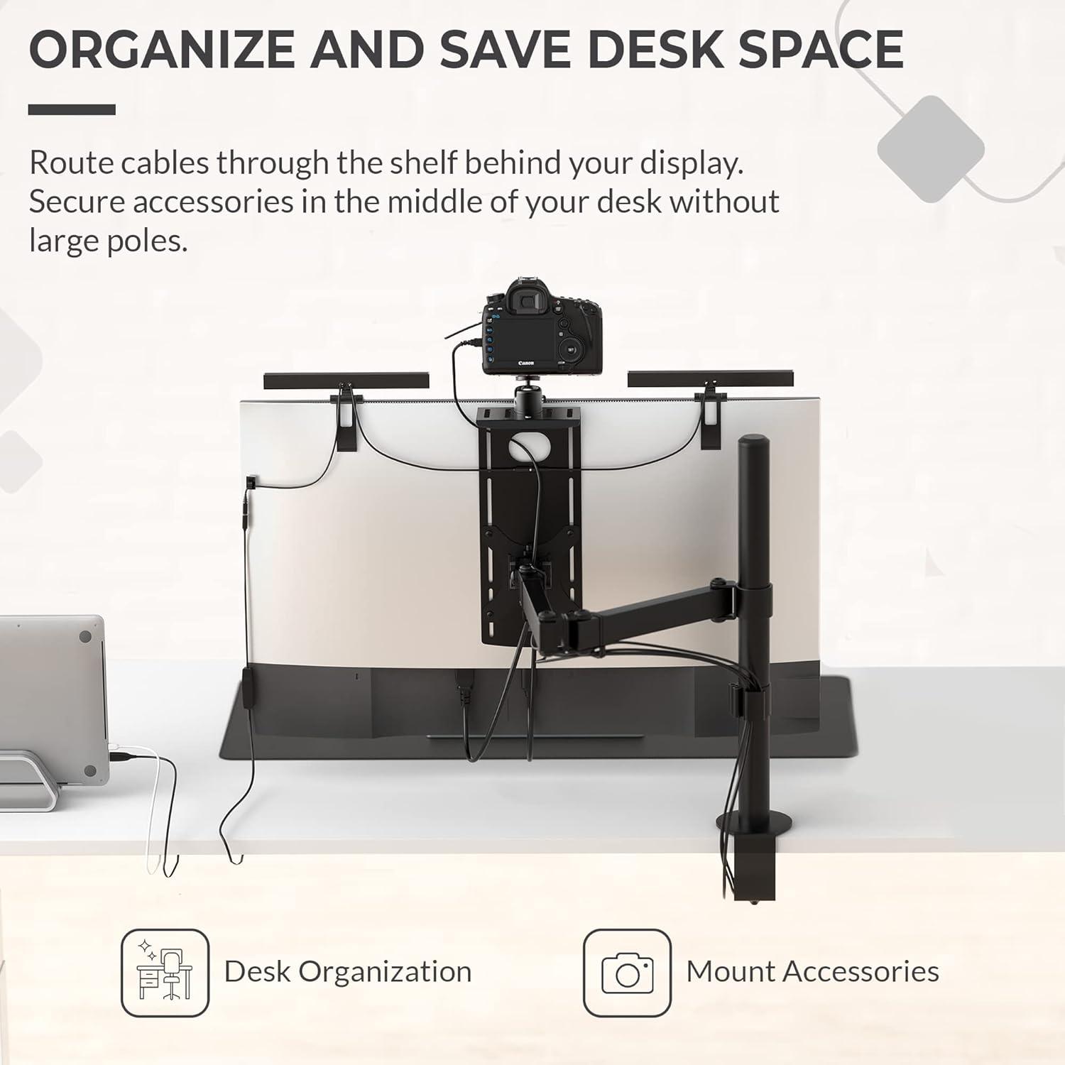 HumanCentric DSLR Monitor Mount Small, Desk Camera Mounting, Light Webcam, Microphone Shelf for Monitor VESA Arm, Replace Clamp Tripods, 100x100mm Patterns, Aluminum, Hardware Included