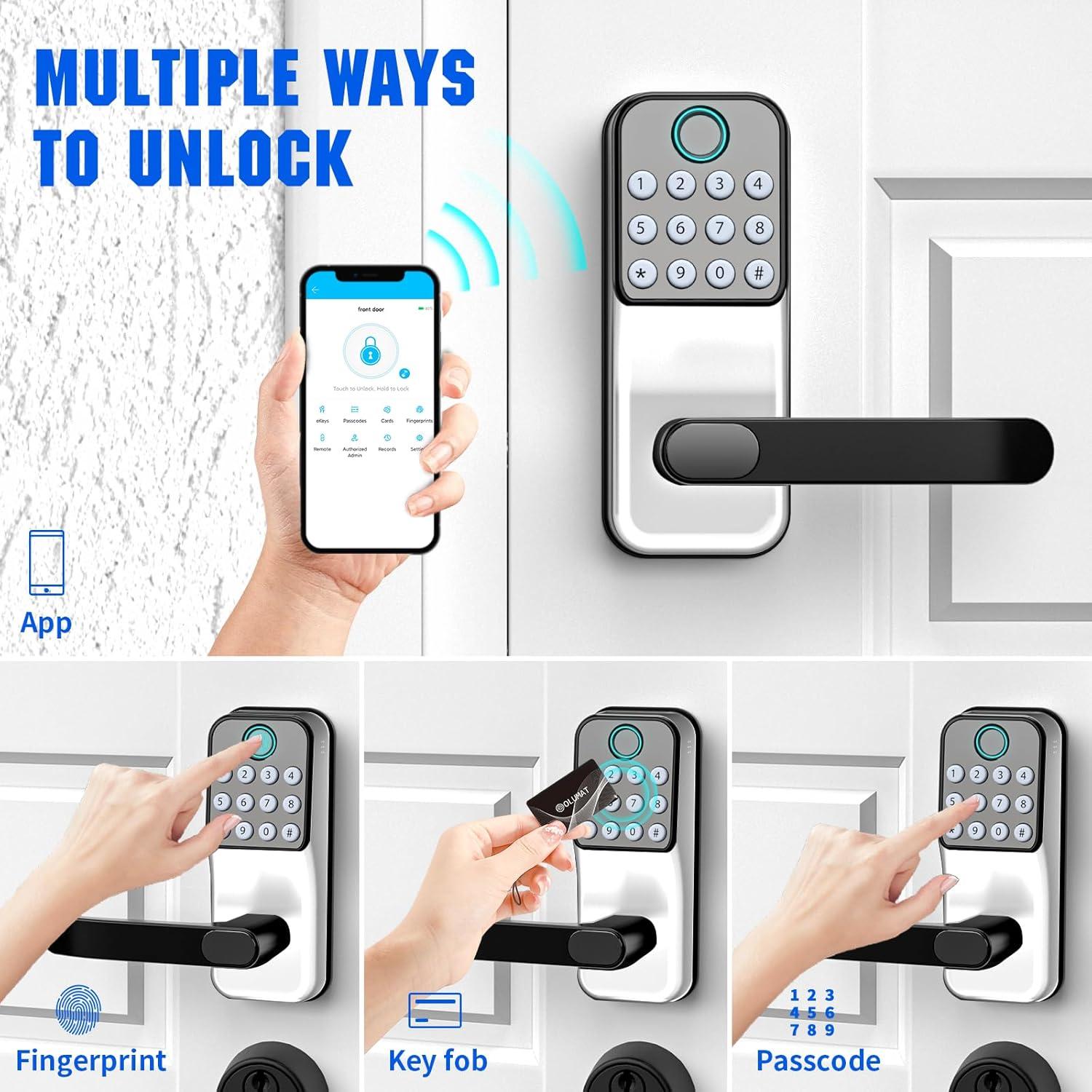 Smart Lock with Handle: Wi-Fi Keyless Entry Door Lock - Smart Locks for Front Door - Biometric Fingerprint Door Lock - Smart Door Lock with Keypad - Garage Door with App Control - Auto Lock