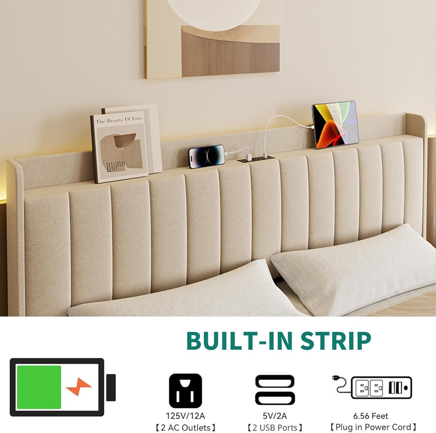 GarveeHome Queen Floating Bed Frame with Charging Station & Storage Headboard, Upholstered Platform Full Size Bed Frame with LED Lights, Solid Wood Slats, Beige
