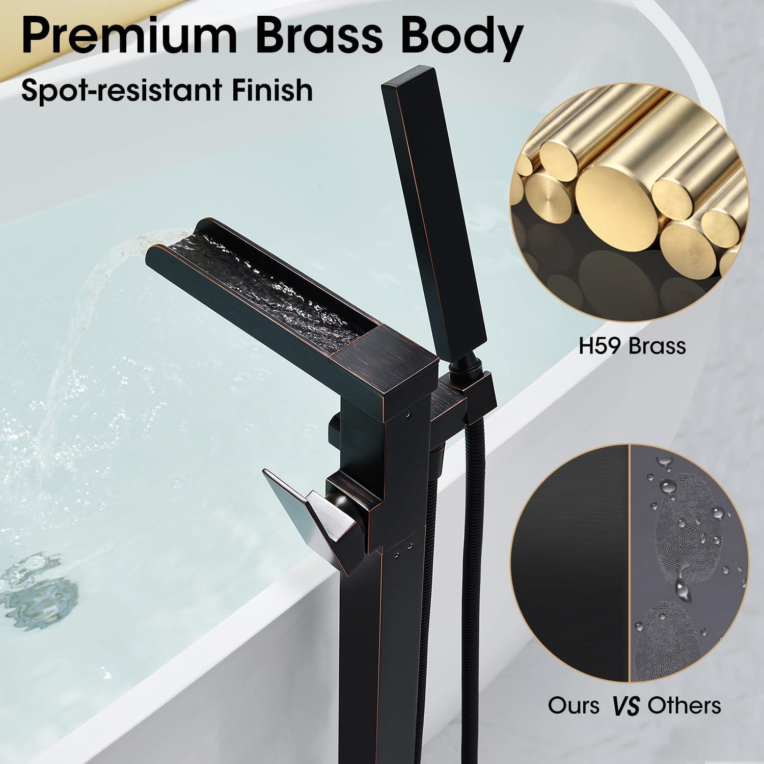 Single-Handle Floor Mount Freestanding Tub Faucet Waterfall Tub Filler with Handheld Shower in Oil Rubbed Bronze