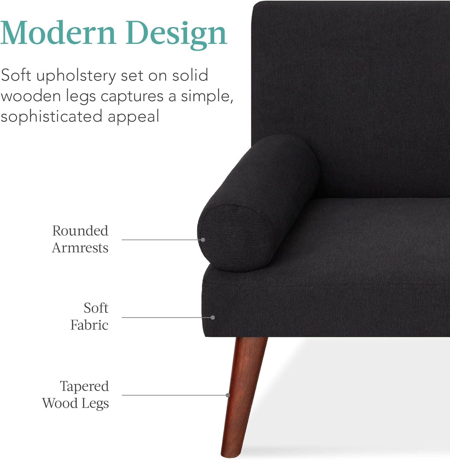 Best Choice Products Fabric Upholstered Convertible Futon w/ Rounded Armrests, Wooden Legs, 2 Cupholders - Black