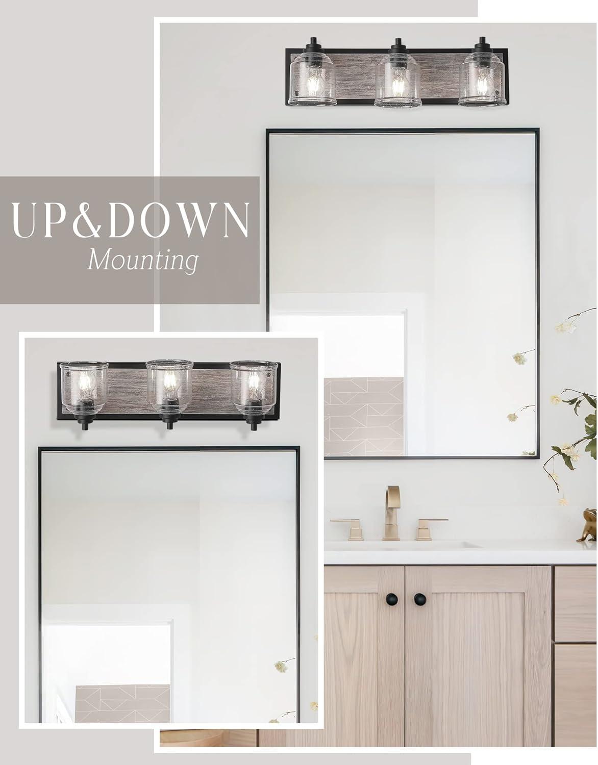 Vanity Lights for Bathroom Large 23", Farmhouse Rustic Vanity Light with Bubble Glass Shades, Black 3 Light Bathroom Lighting Fixtures Over Mirror, Bath Wall Sconce Home Decor