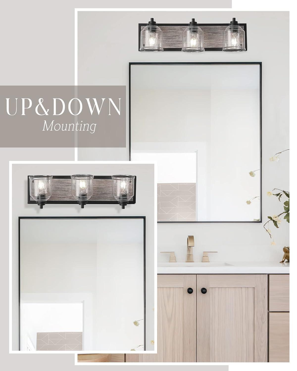 Vanity Lights for Bathroom Large 23", Farmhouse Rustic Vanity Light with Bubble Glass Shades, Black 3 Light Bathroom Lighting Fixtures Over Mirror, Bath Wall Sconce Home Decor