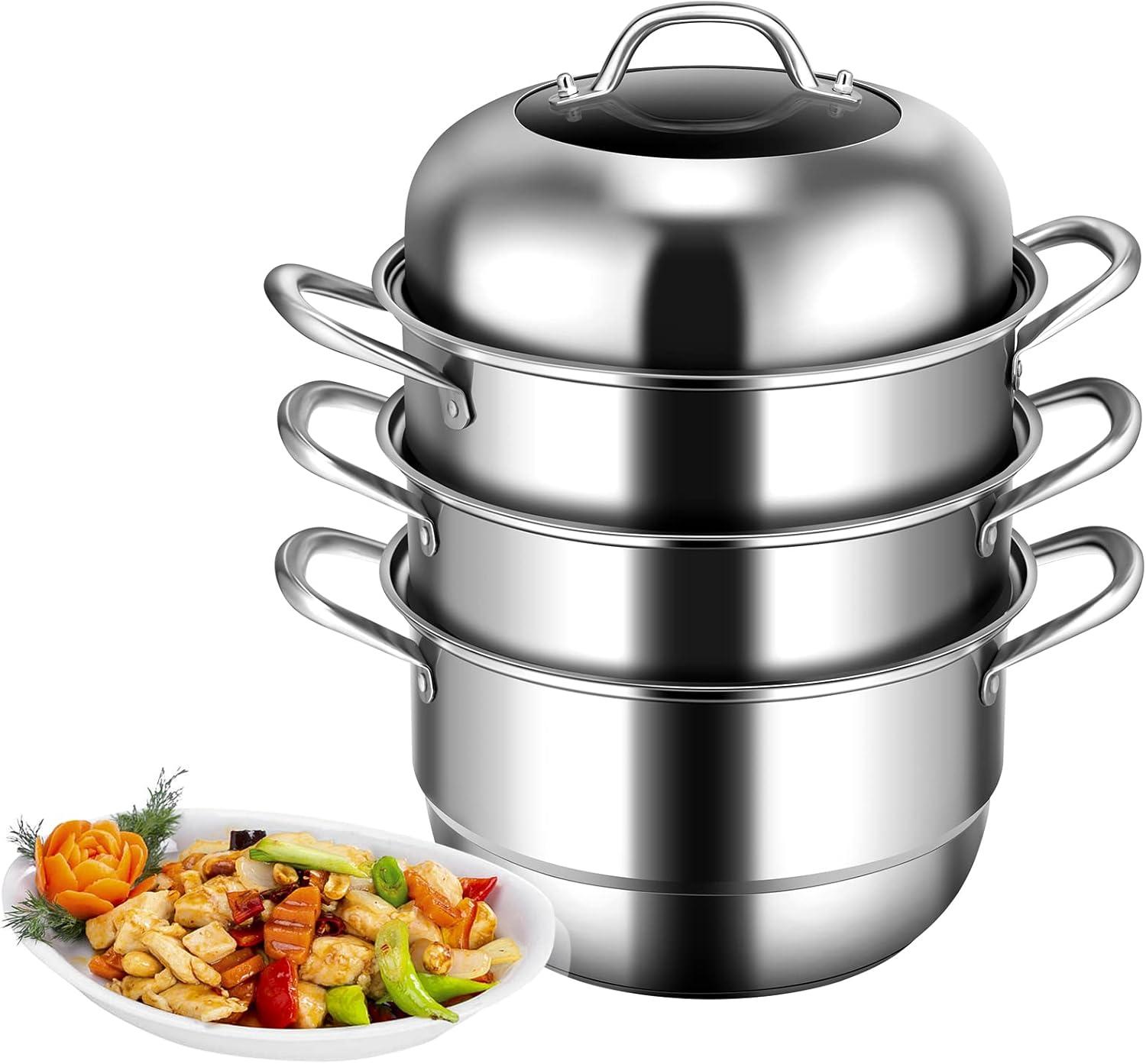 3-Tier Stainless Steel Steamer Pot with Tempered Glass Lid