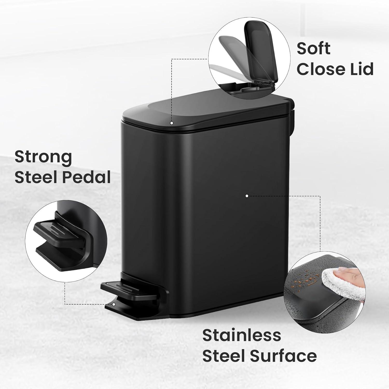 Matt Black Stainless Steel Pedal Trash Can with Soft Close Lid