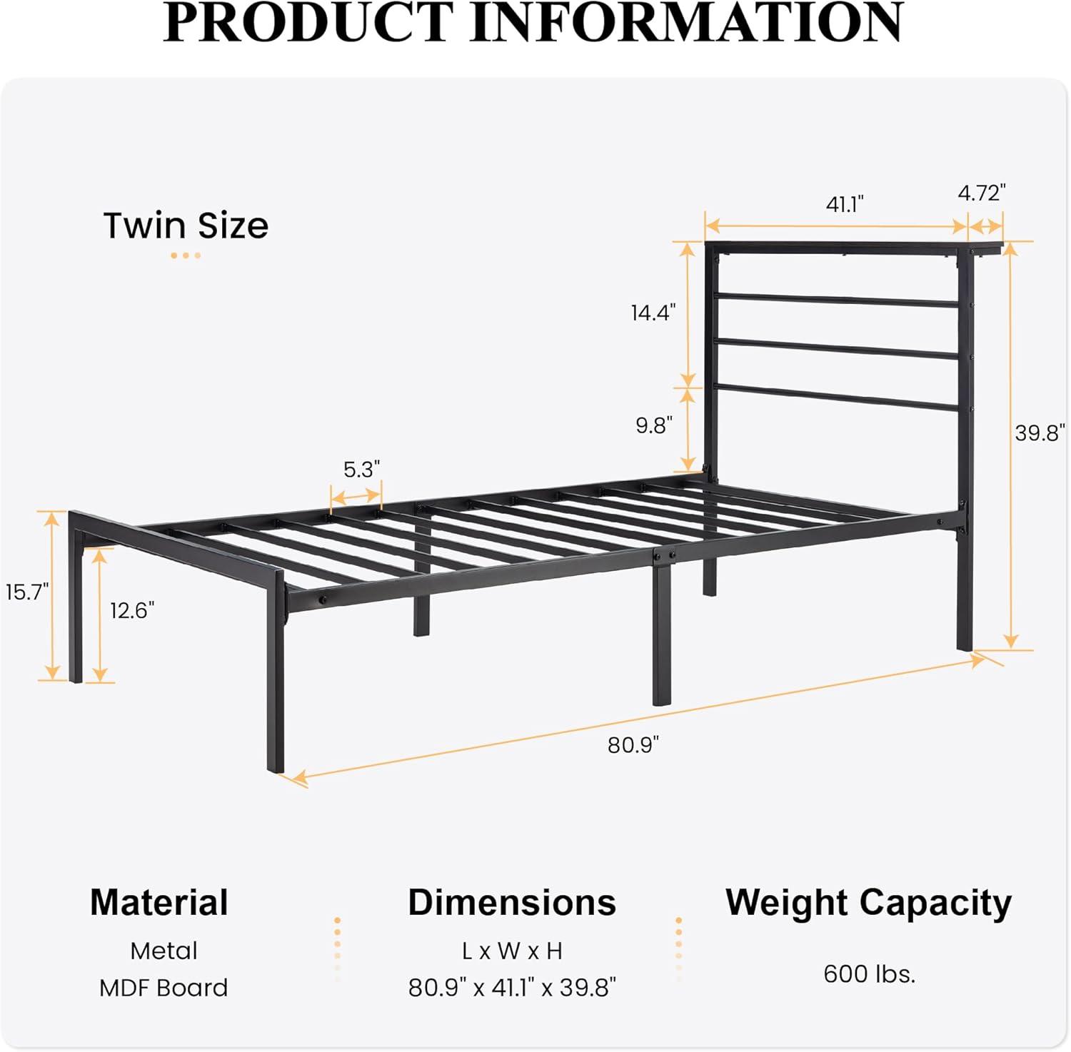 Black Metal Twin Bed Frame with Headboard Shelf and Slats