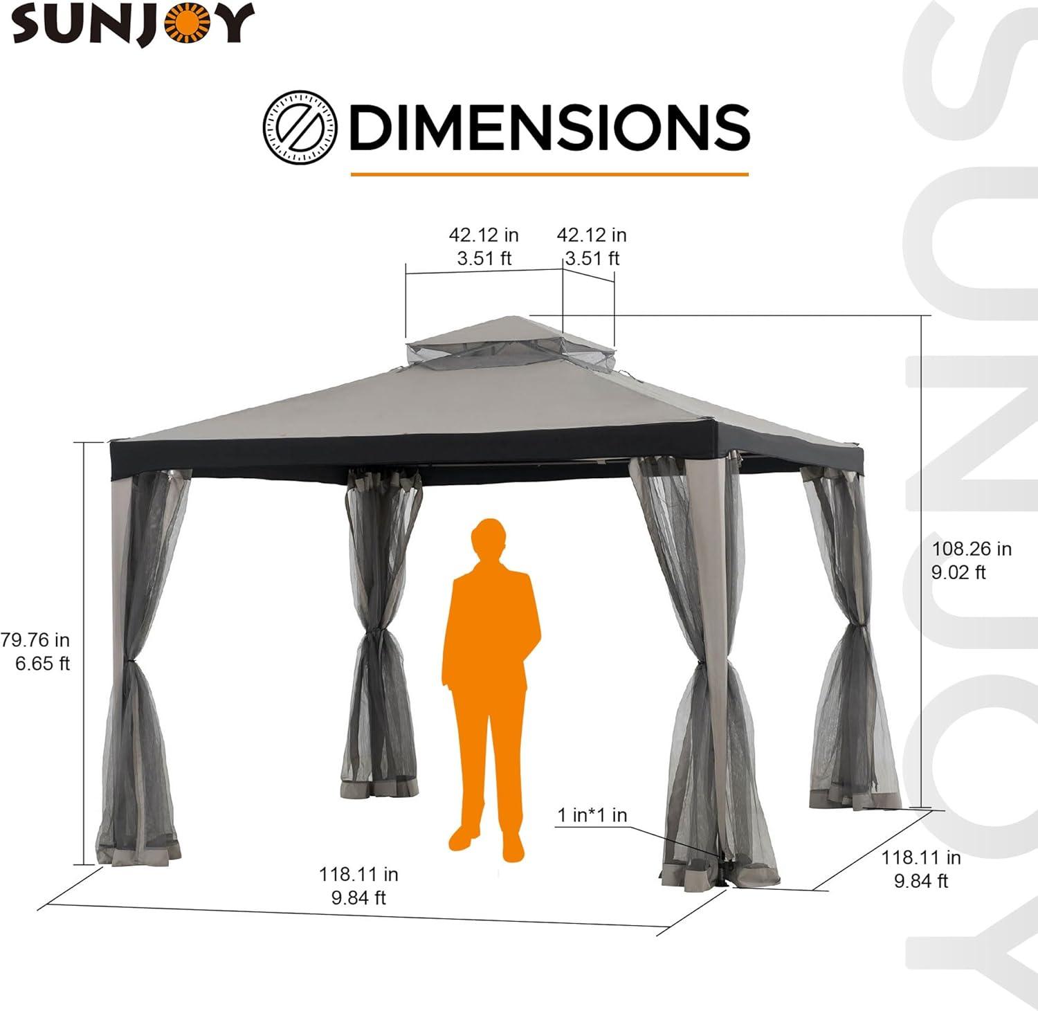 Sunjoy 10 x 10 ft. Soft Top Gazebo, Outdoor Patio Backyard Modern Grey 2-Tier Steel Frame Gazebo with Mesh Netting