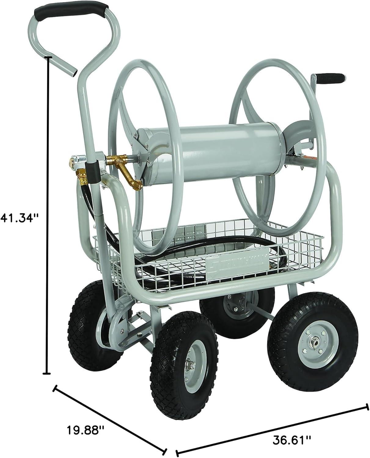 Gray Alloy Steel 400ft Hose Reel Cart with Flat-Free Tires