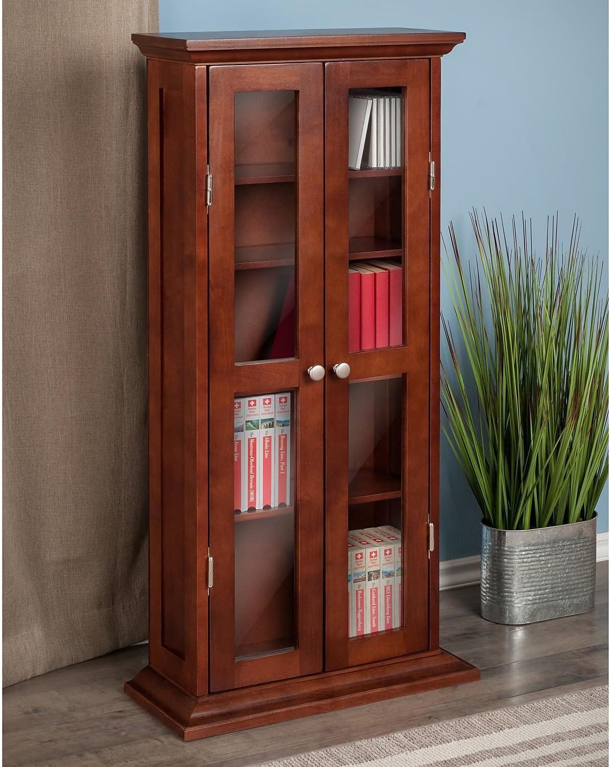 Dvd-Cd Cabinet - Antique Walnut - Winsome: Multimedia Storage, Glass Doors, 4 Adjustable Shelves