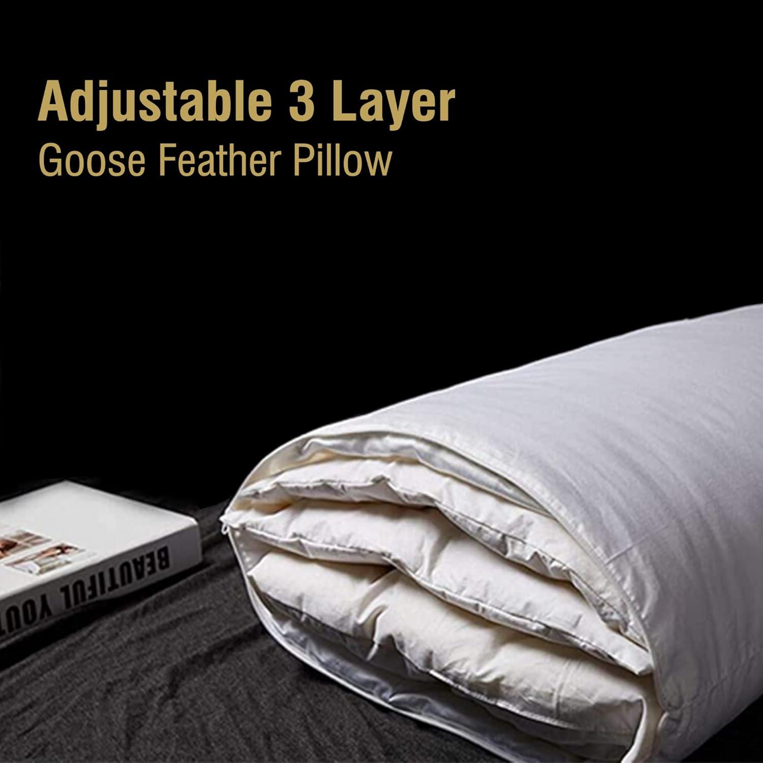 Queen Size Adjustable Goose Feather Bed Pillow with Cotton Cover