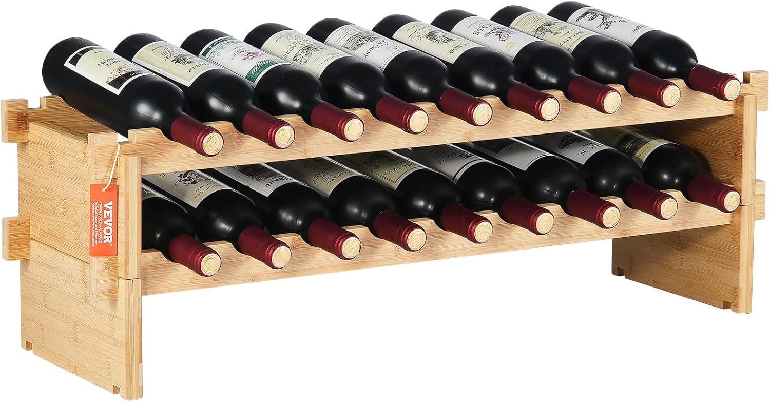 VEVOR 18-Bottle Stackable Modular Wine Rack, 2-Tier Bamboo Wood Display Shelf