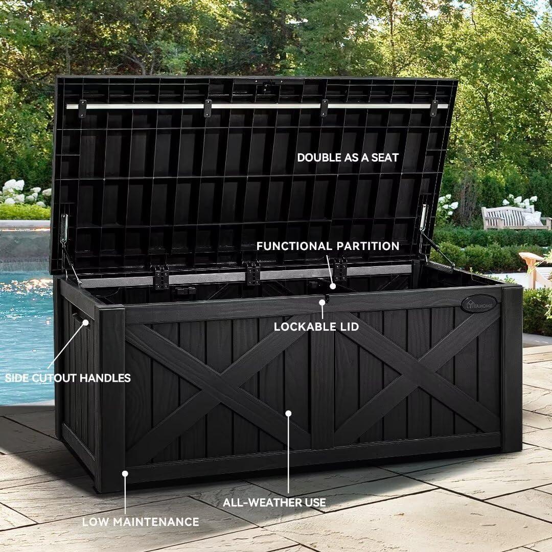 DWVO 120 Gallon Outdoor Storage Patio Deck Box Resin Waterproof Heavy Duty Organizer, Black