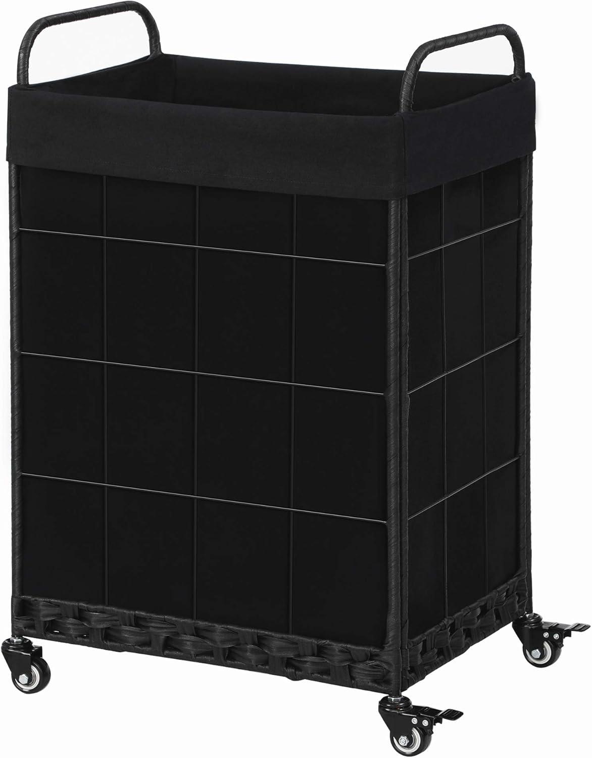 Black Rectangular Rolling Laundry Hamper with Metal Frame