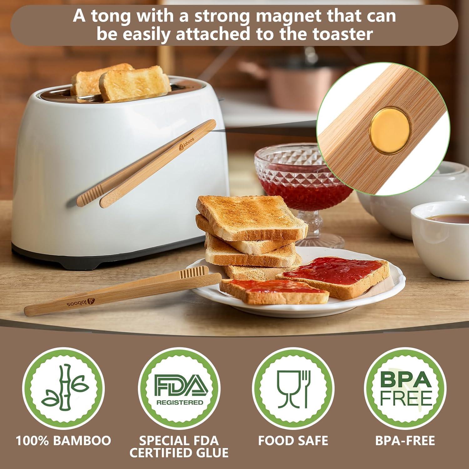 Reusable Classic Bamboo Toast Tongs - Wood Cooking Tong,Ideal for Toaster,Fruits, Bread & Pickles, Kitchen Utensil For Cheese Bacon Muffin Fruits Bread - 8" Long | Set of 2