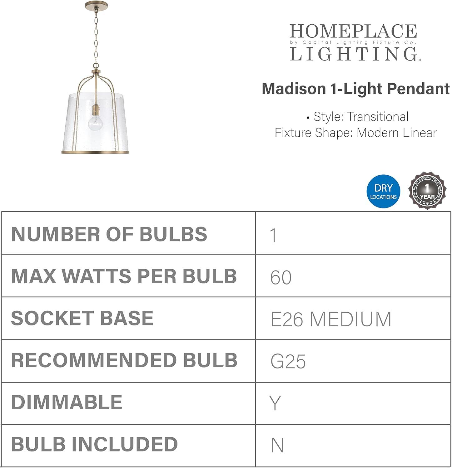 Madison Aged Brass and Clear Seeded Glass Pendant Light