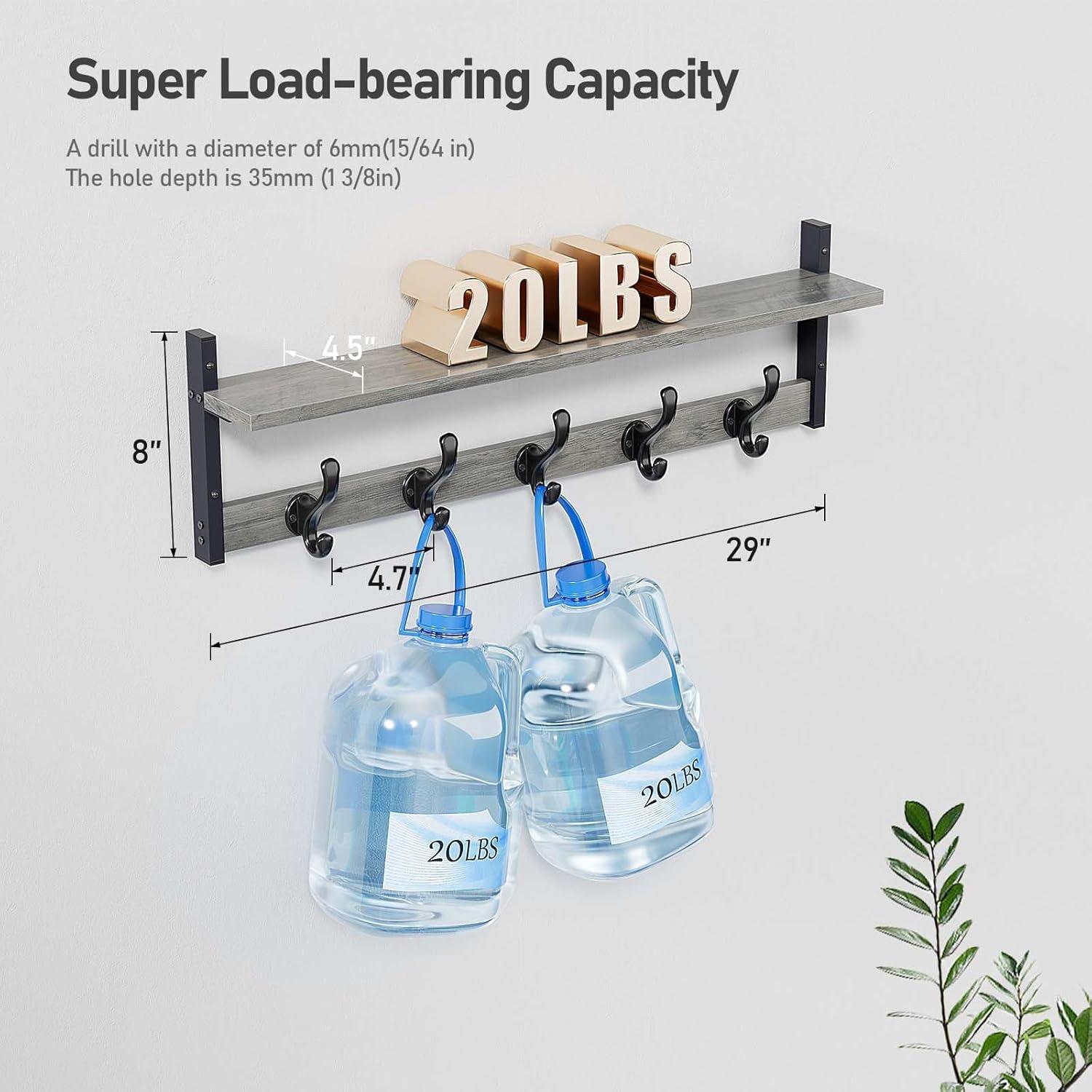 Tatub 29" Rustic Coat Rack Wall Mount with Shelf, Entryway Wall Hooks with Shelf and 5 Metal Hooks, Coat Hangers for Bathroom, Living Room, Bedroom, Kitchen, Grey