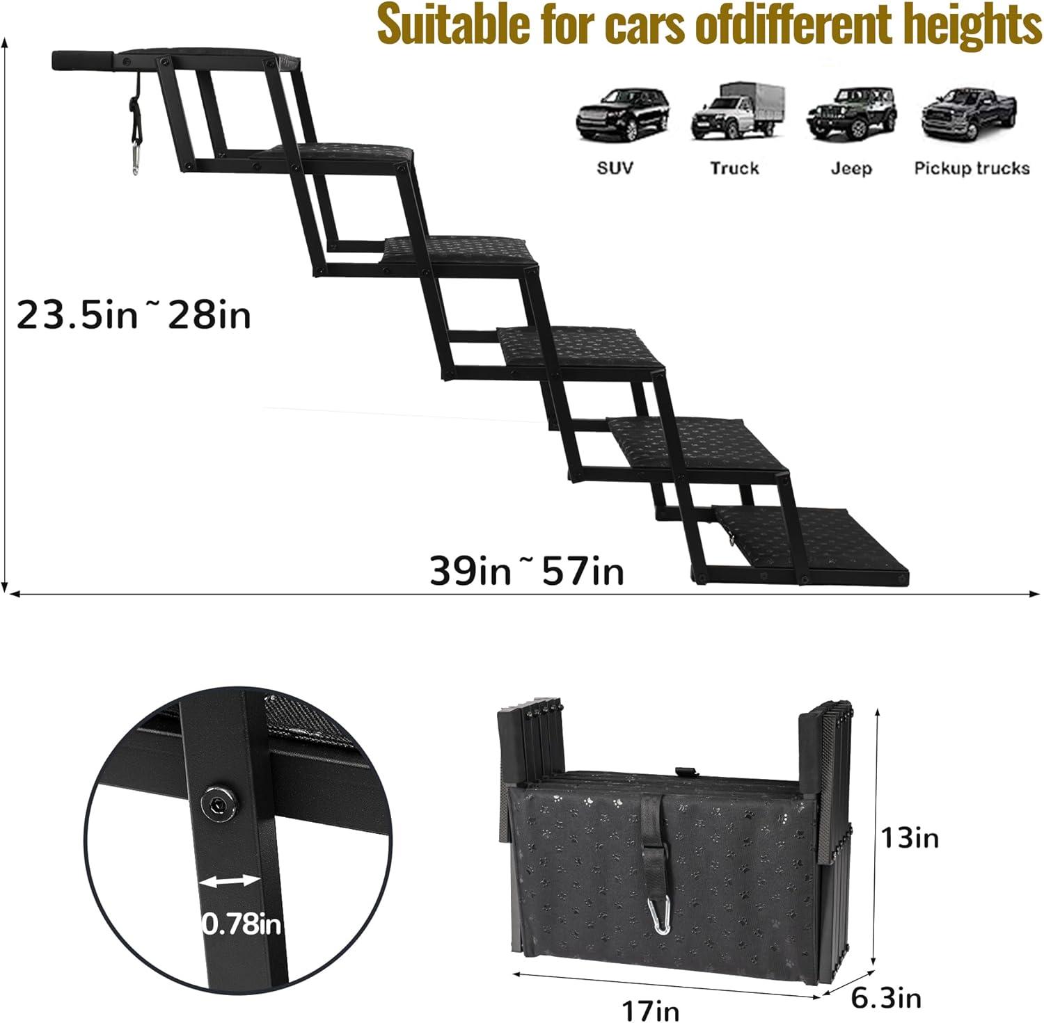 Dog Stairs for Car - Foldable Dog Ramps for Large Dogs with Non Slip Surface, Portable Dog Steps for Cars and SUV, Truck, Support Up to 200 Lbs, 6 Steps