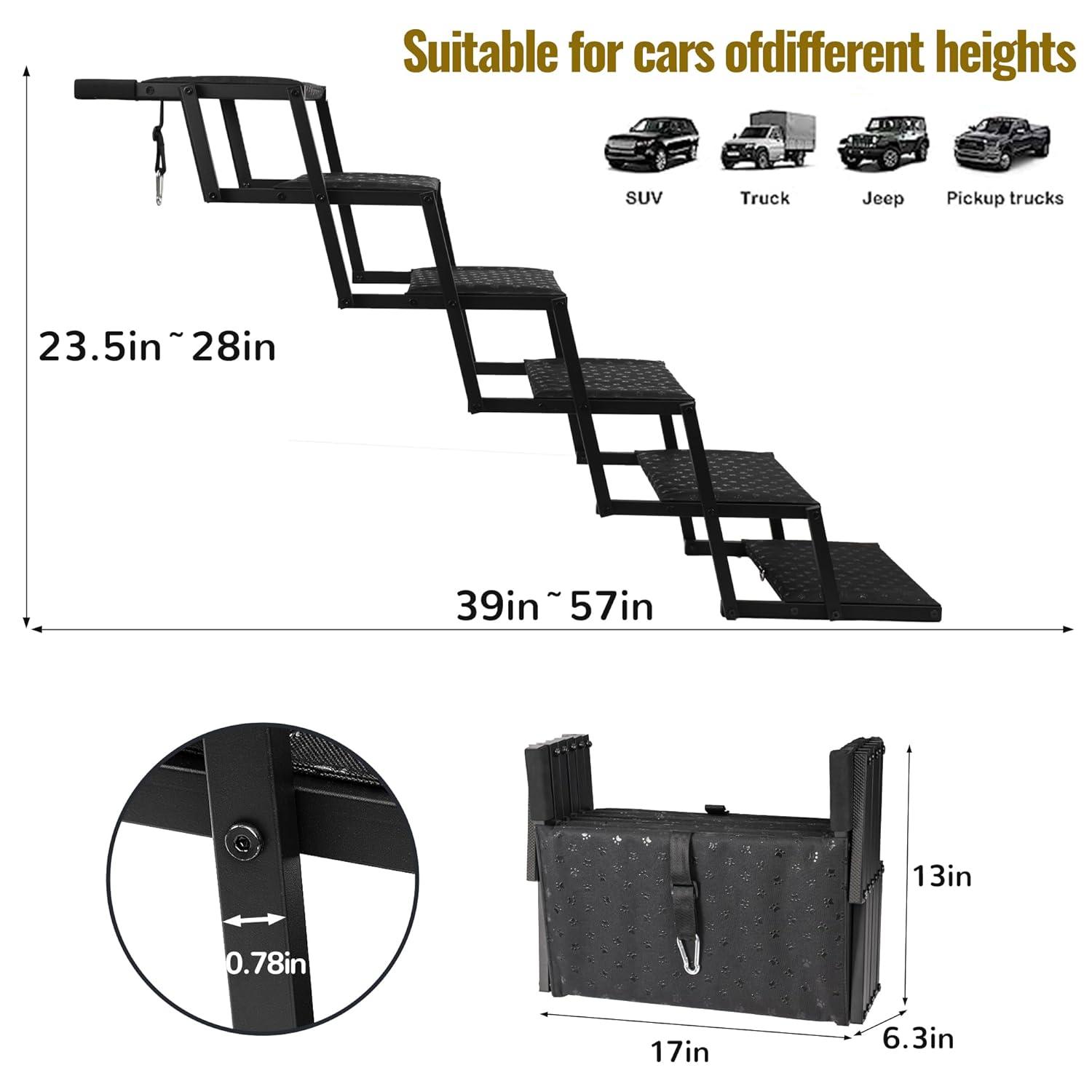 Dog Stairs for Car - Foldable Dog Ramps for Large Dogs with Non Slip Surface, Portable Dog Steps for Cars and SUV, Truck, Support Up to 200 Lbs, 6 Steps