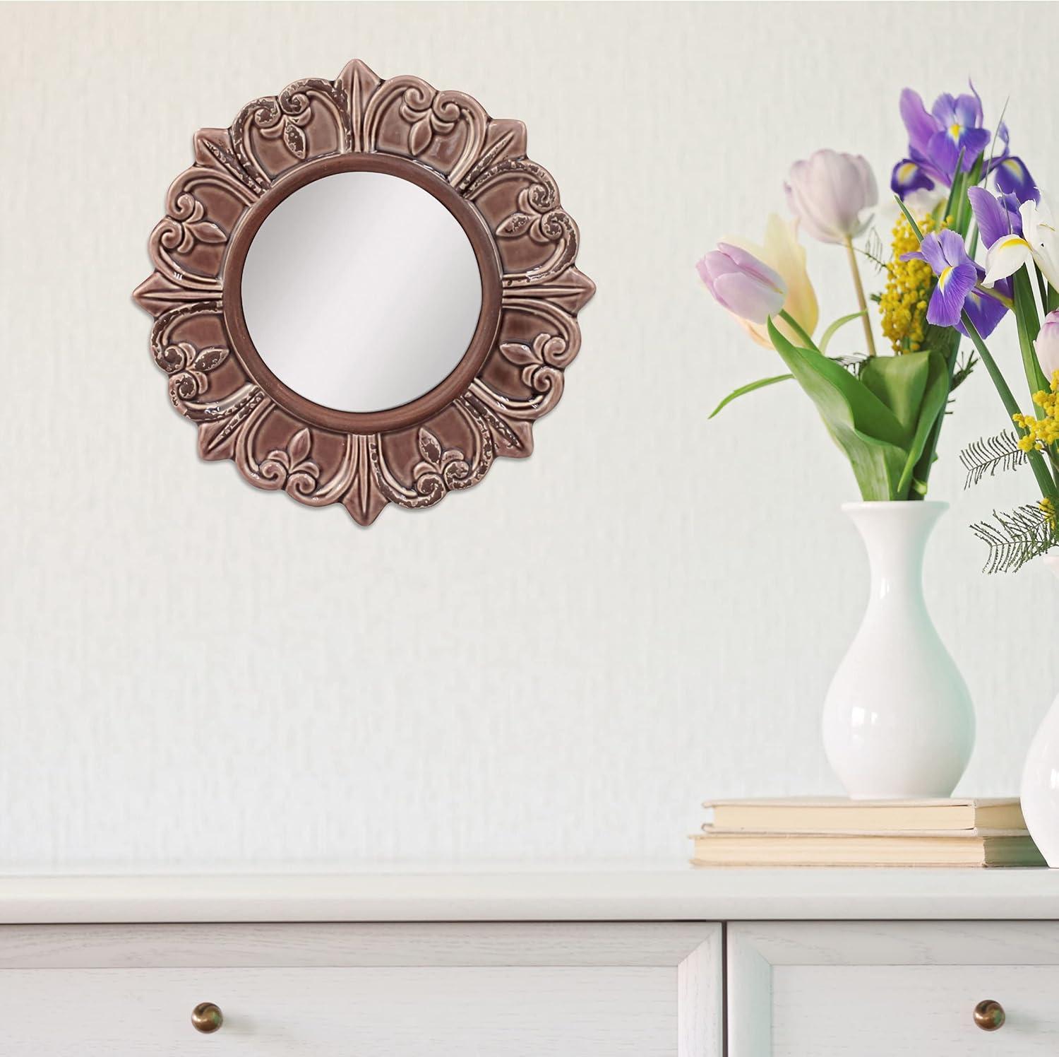 Elegant Parisian Fleur de Lis 9" Round Ceramic Wall Mirror in Warm Taupe