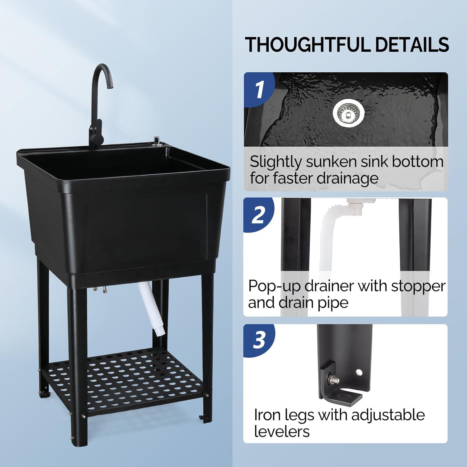 Utility Washing Room Sink Laundry Tub with Faucet & Shelf & Drainboard