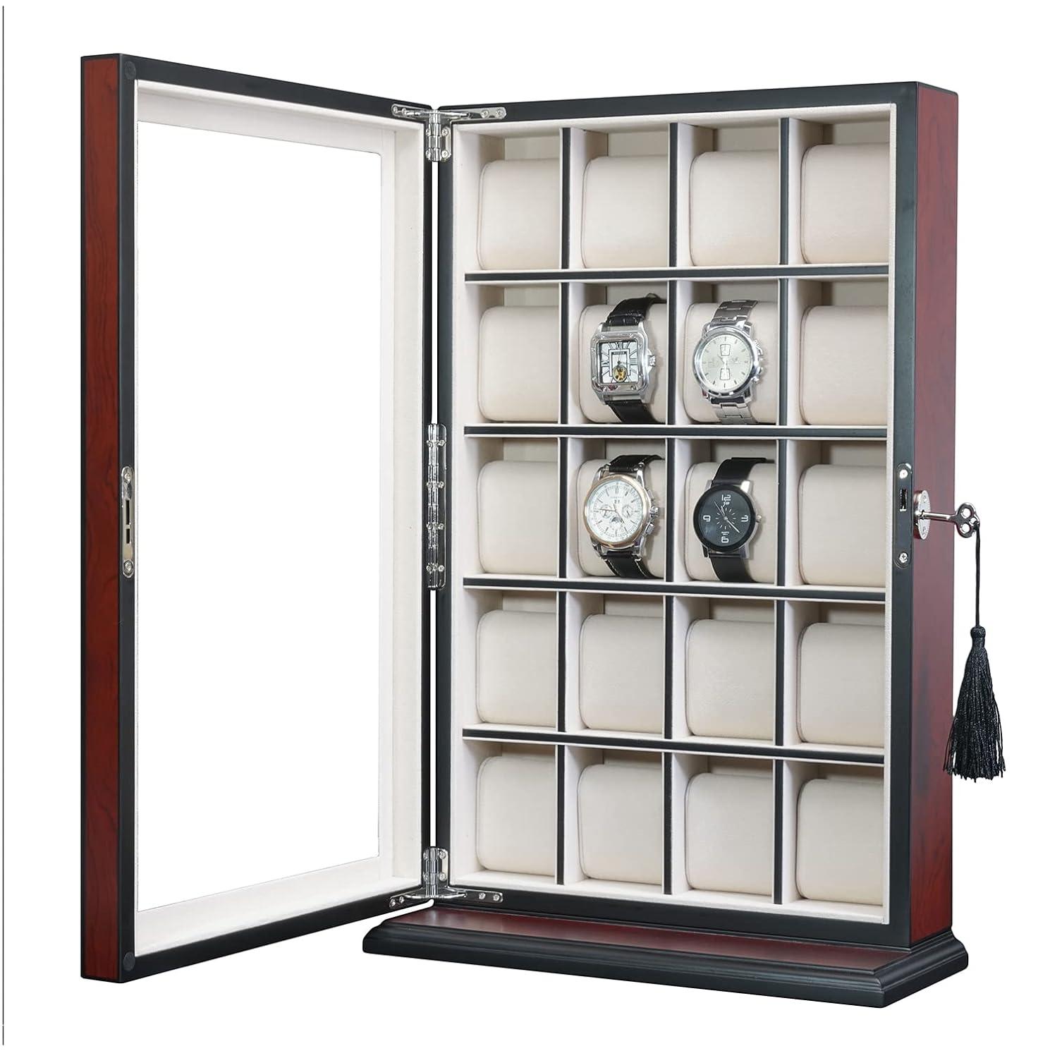 Cherry Wood 30-Slot Wall Mounted Watch Display Case