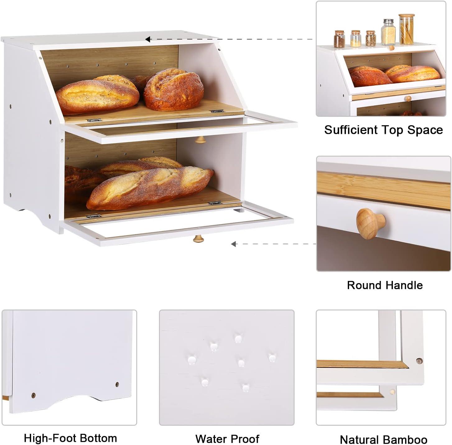 White Double Layer Bamboo Bread Storage Box