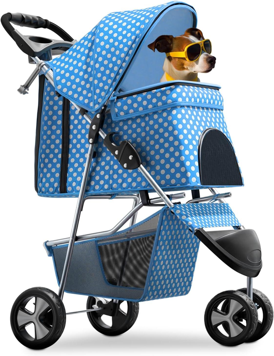 Magshion Foldable Pet Dog and Cat Stroller with Adjustable Canopy Storage Basket and Cup Holder for Small and Medium Pets