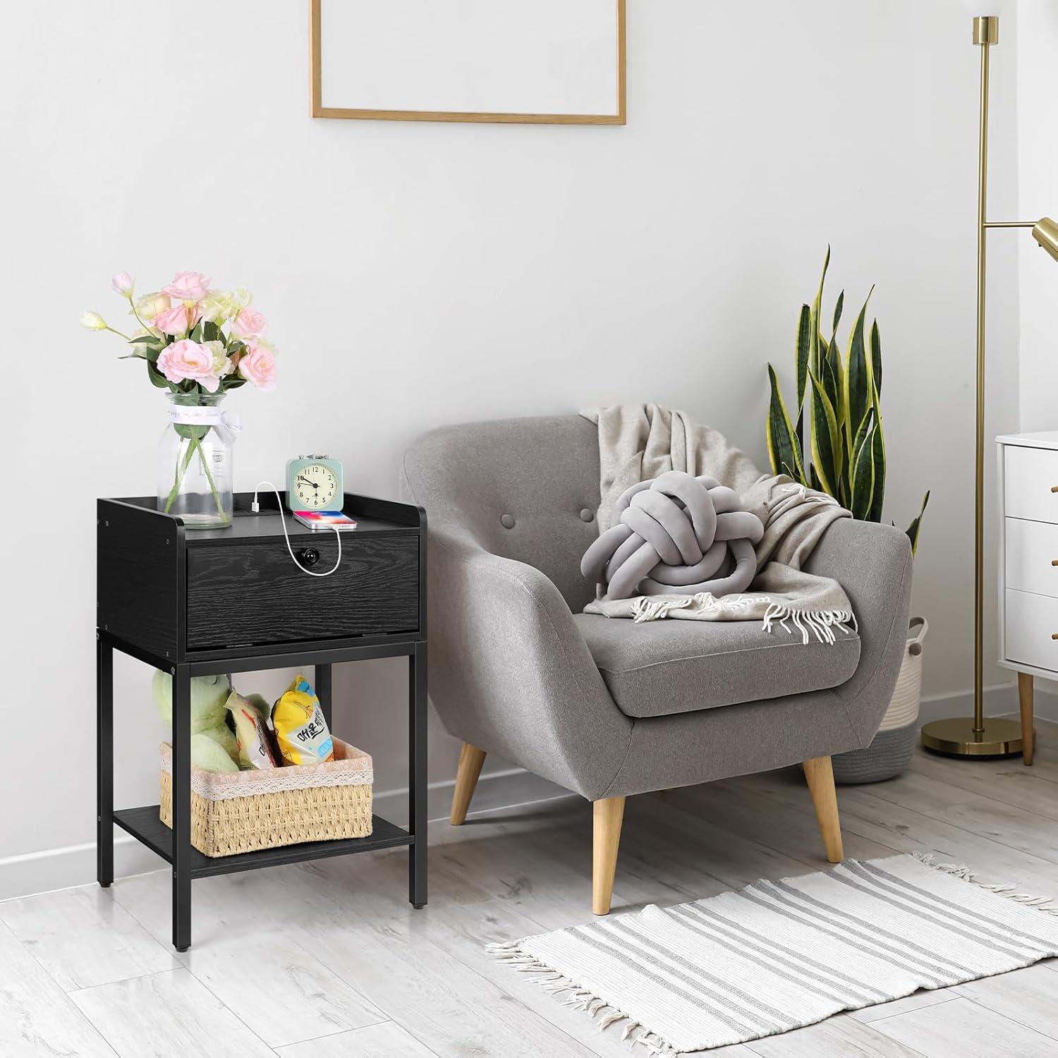 Black Nightstand with Charging Station and Storage Shelf