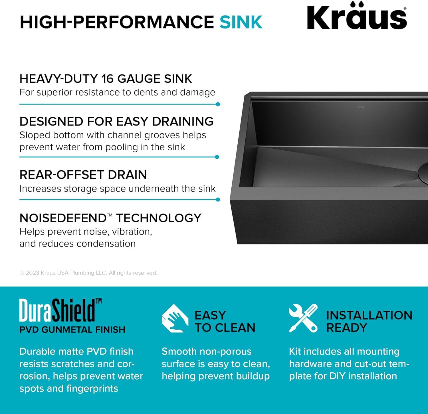 KRAUS Kore™ Workstation 33" L Farmhouse Modern Flat Apron Front 16 Gauge Black Stainless Steel Single Bowl Kitchen Sink