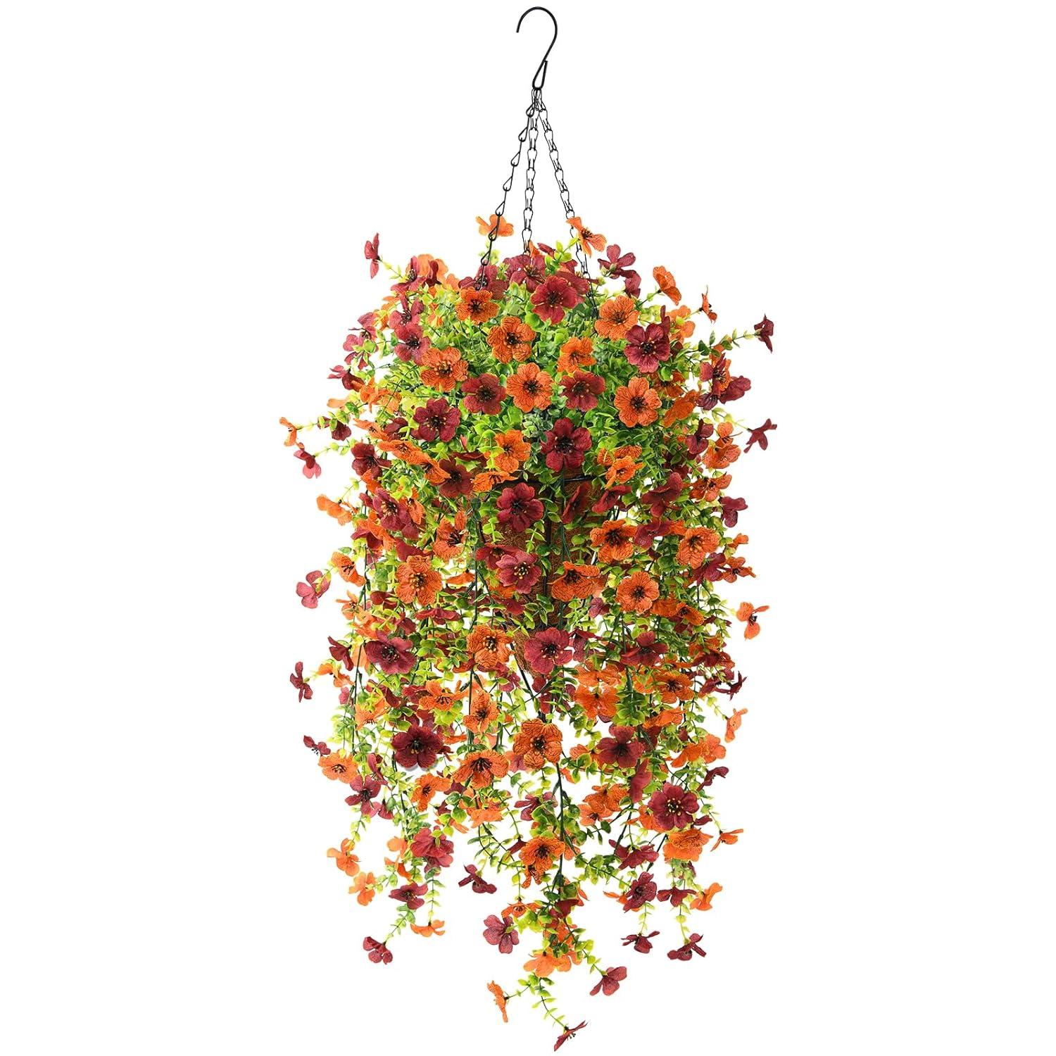 INQCMY Artificial Fake Hanging Flowers Plants with Basket for Outdoor Fall Decoration,Faux Silk Mixed Daisy in Planter UV Resistant Realistic for Porch Home Patio Garden Balcony Yard Autumn Decor